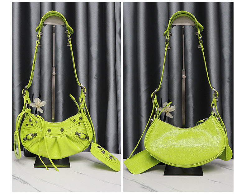 Women's Three-in-one Motorcycle High Quality Rivet Pleated Oil Wax Crossbody Bags