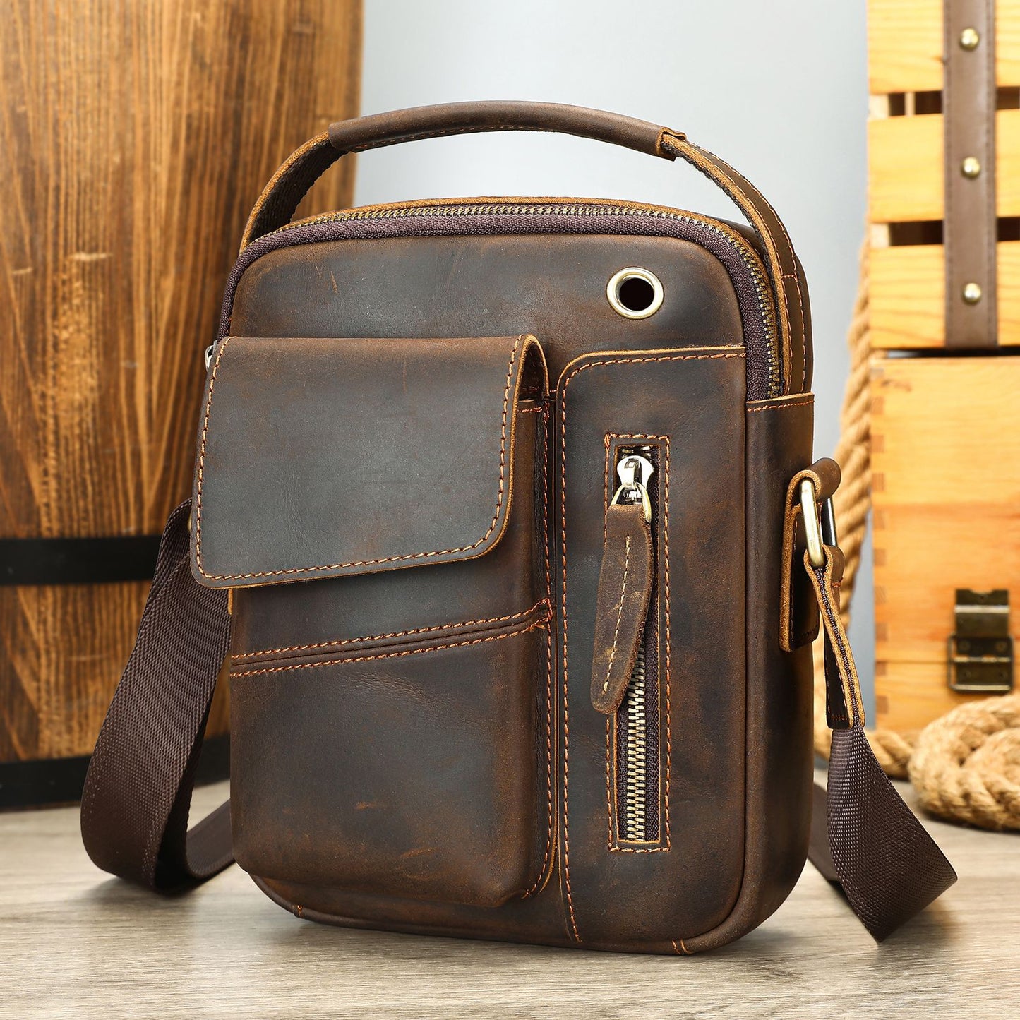 Men's Crazy Horse Leather Genuine Vertical Cell Men's Shoulder Bags