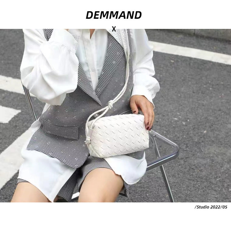 Women's Genuine Leather Cowhide Woven Lunch Box Shoulder Bags