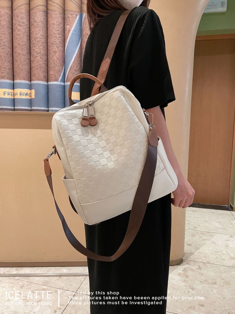 Women's Chessboard Plaid Soft Leather High-grade Fashion Backpacks