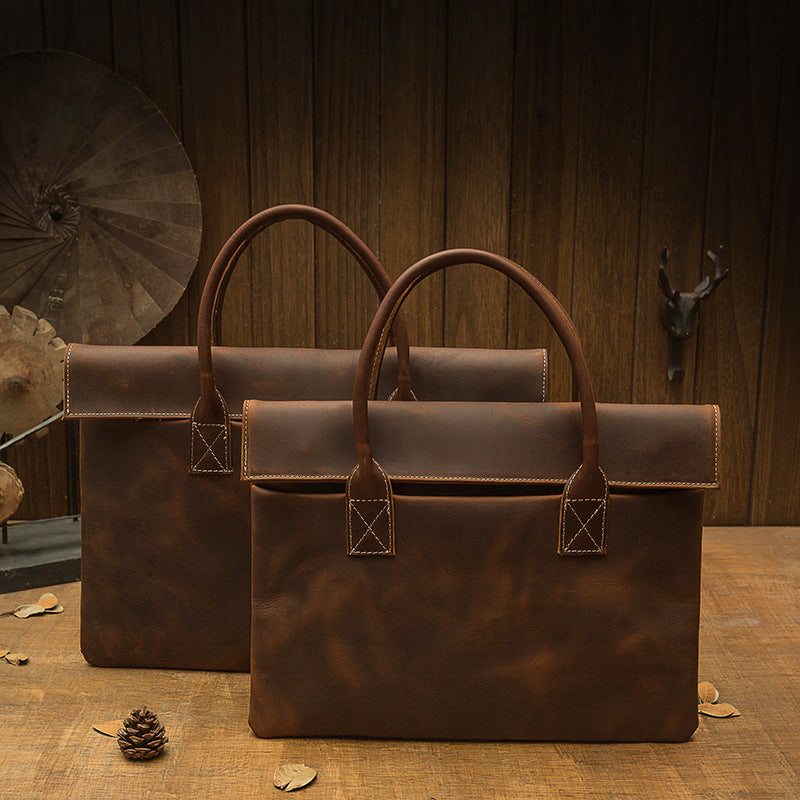 Men's Handmade Genuine Leather Hand-held Business Cow Handbags