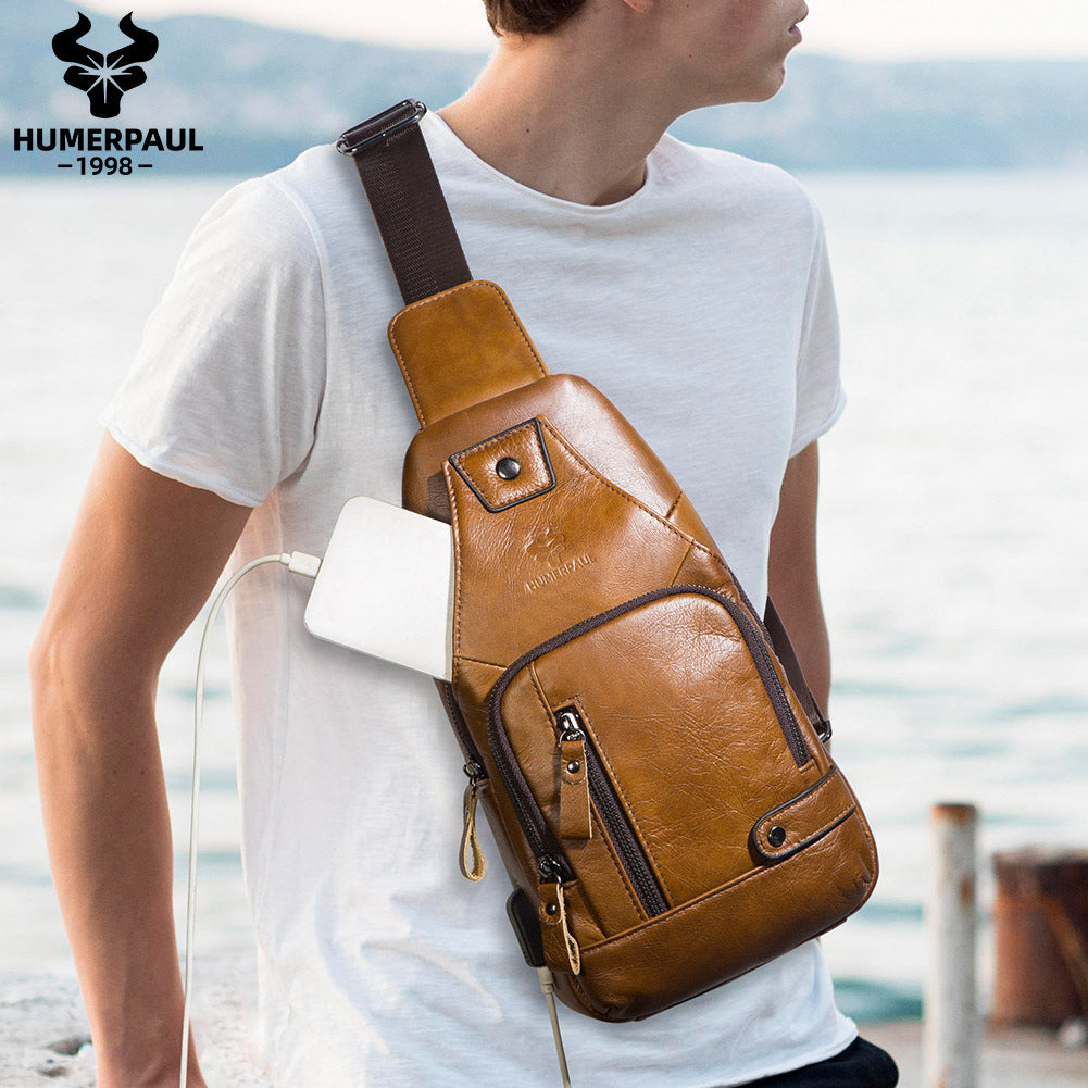 Men's First Layer Cowhide Soft Leather Genuine Flat Men's Chest Bags