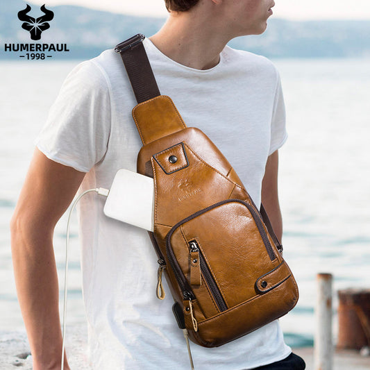 Men's First Layer Cowhide Soft Leather Genuine Flat Men's Chest Bags