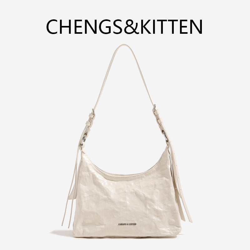 Women's Pleated Oil Wax Leather Underarm Genuine Bags