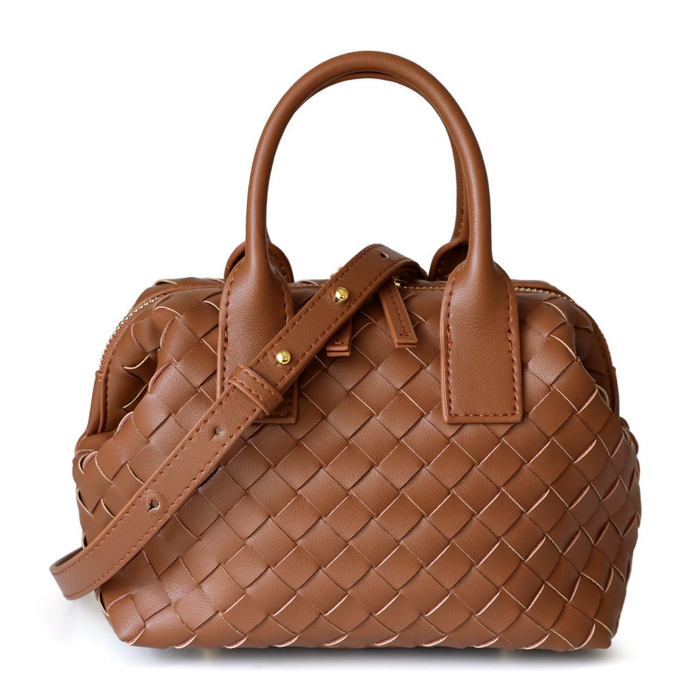 Trendy Pretty Cowhide Hand-woven Bowling Boston Bags