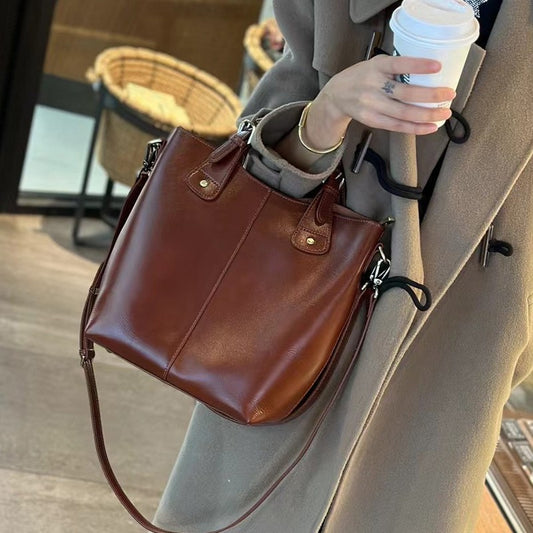 Women's Classic Vegetable Basket Genuine Leather Large Capacity Bucket Bags