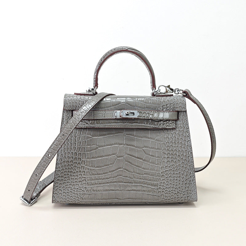 Women's Crocodile Pattern Kelly Fashion Genuine Leather Handbags