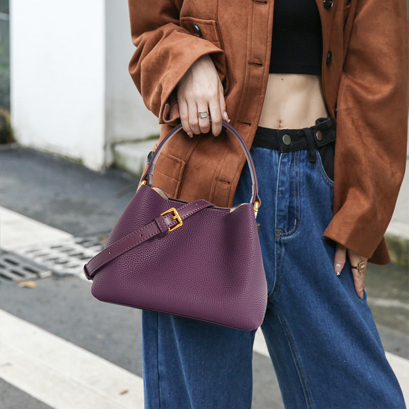 Women's First Layer Cowhide Mini Portable Vegetable Bucket Bags