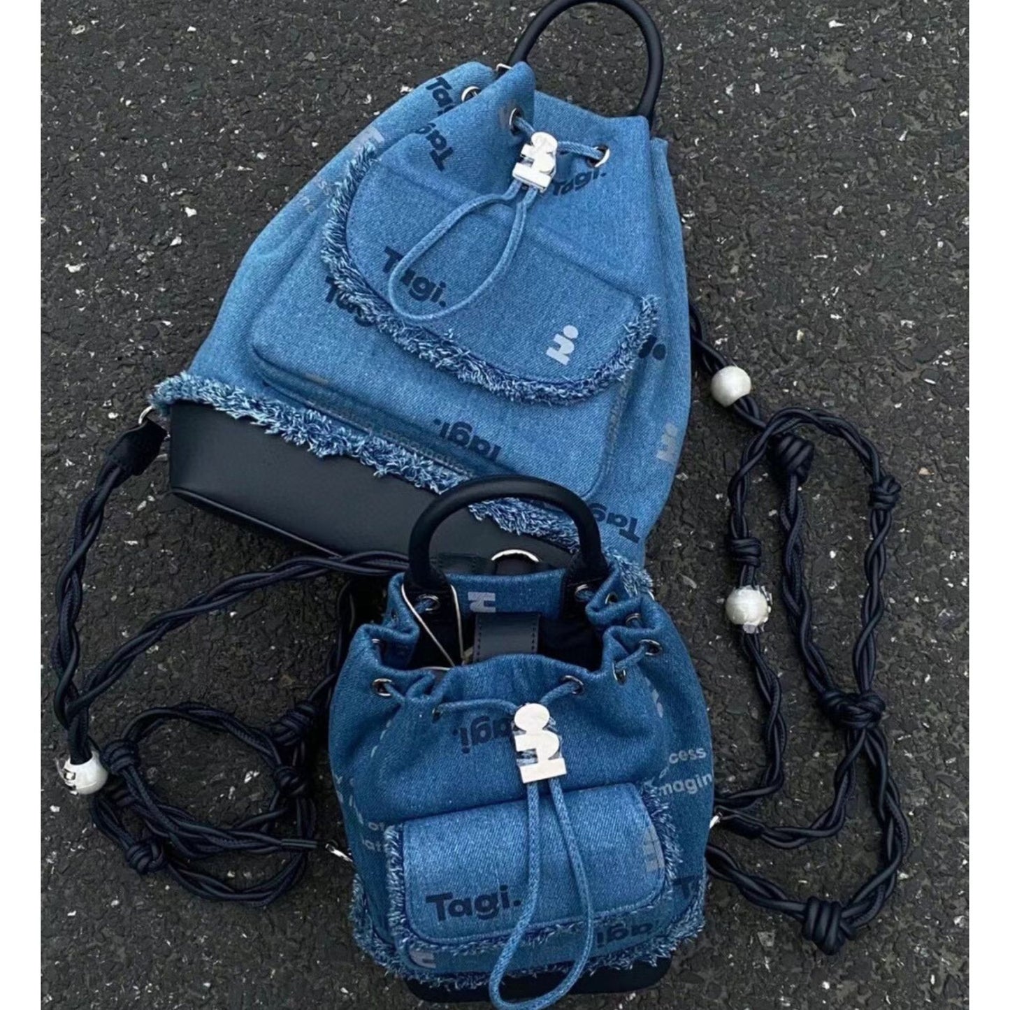 College Large Painter Denim Pearl Drawstring Backpacks