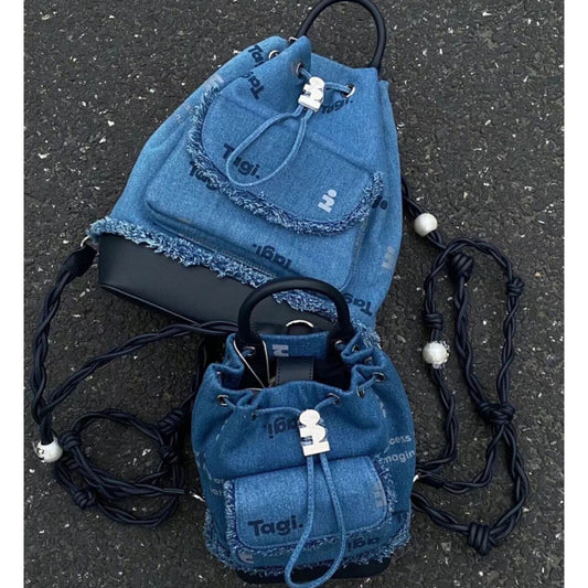 College Large Painter Denim Pearl Drawstring Backpacks
