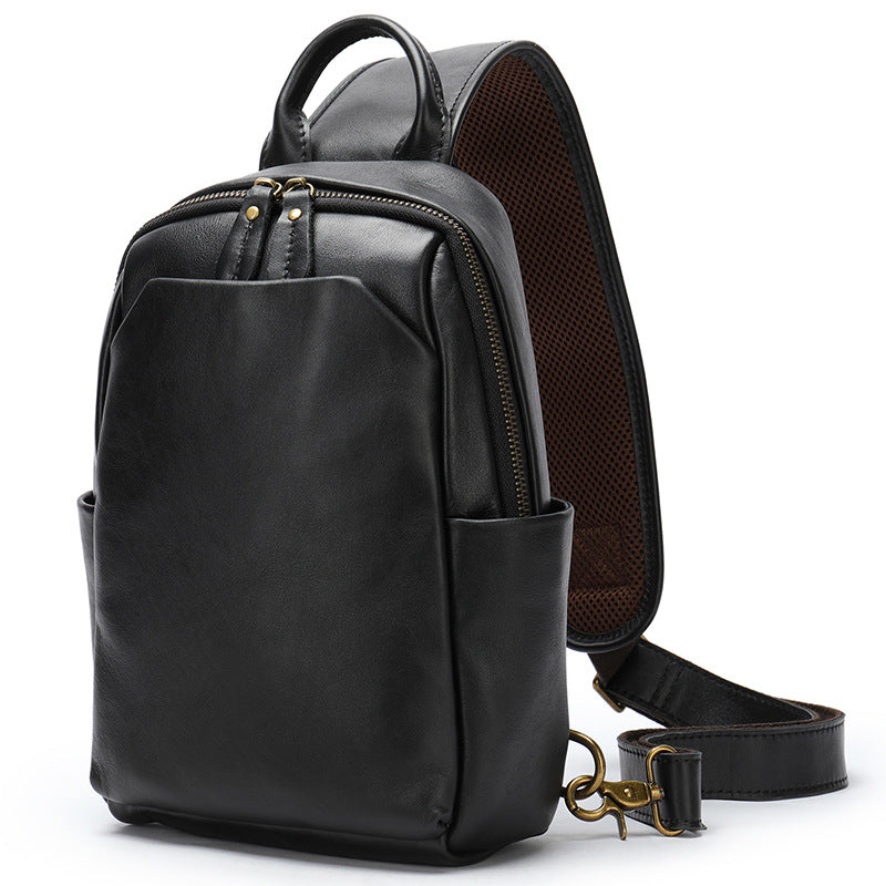 Men's Crazy Horse Leather Vintage Genuine Black Men's Chest Bags