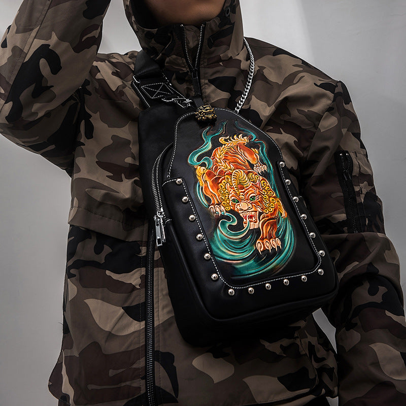 Men's Leatherworker Slanted Leather Large Capacity Fashion Minority Men's Chest Bags