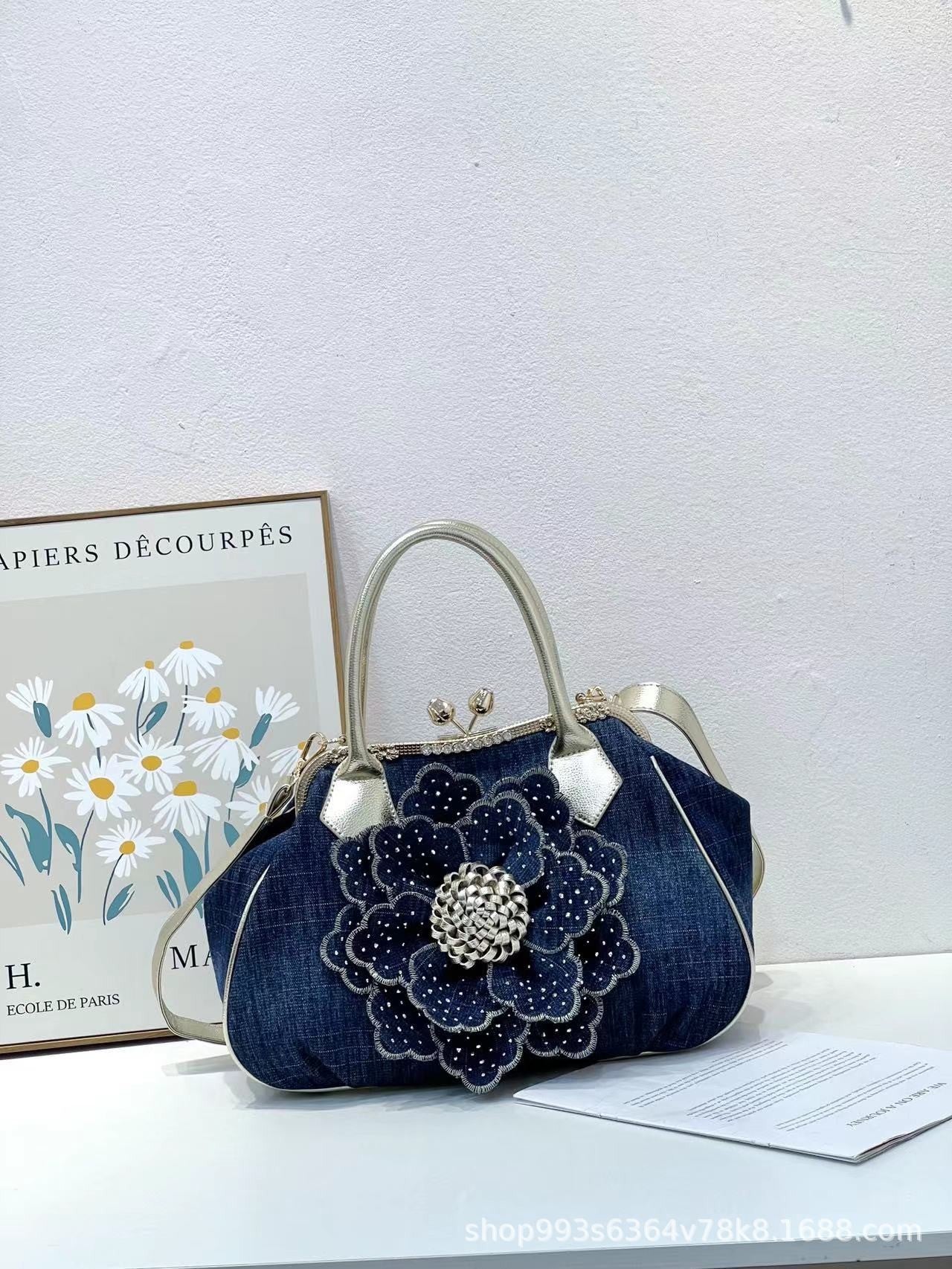 Women's New Fashionable High-grade Flower Denim Handbags
