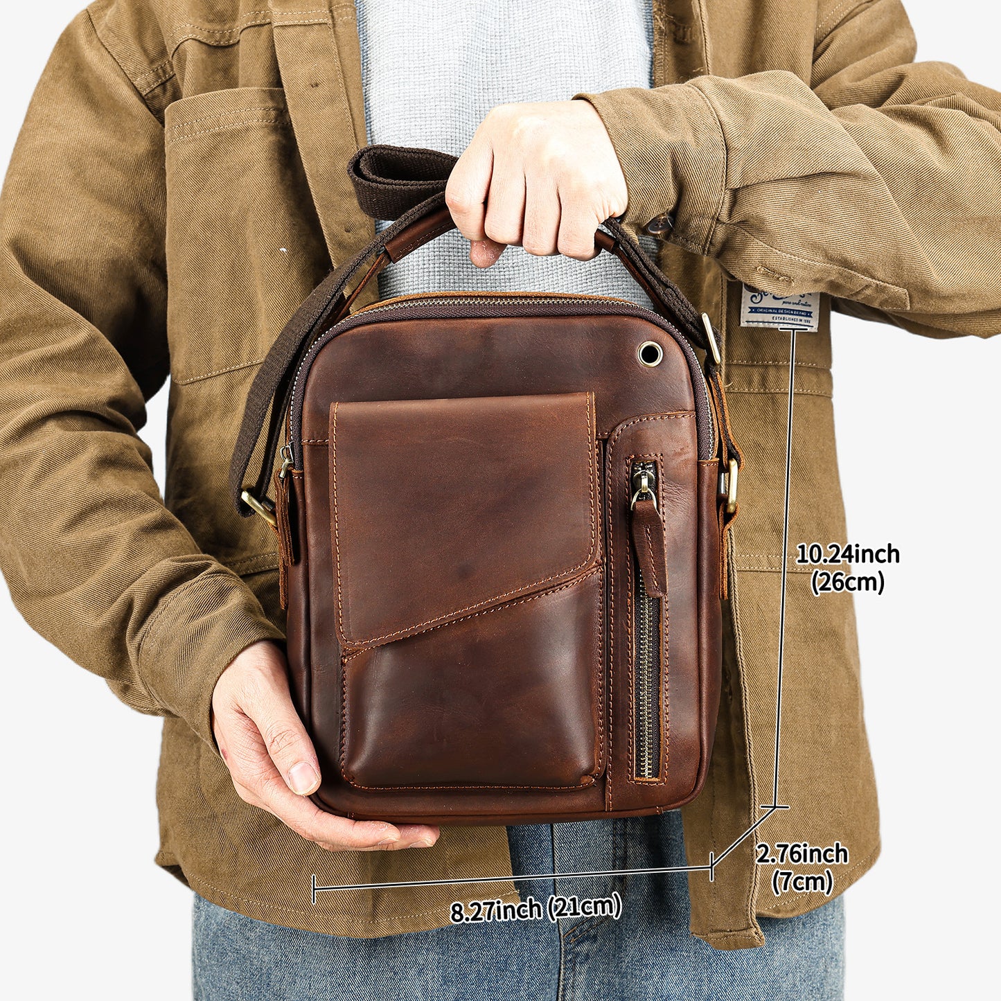 Men's Crazy Horse Leather Genuine Vertical Cell Men's Shoulder Bags
