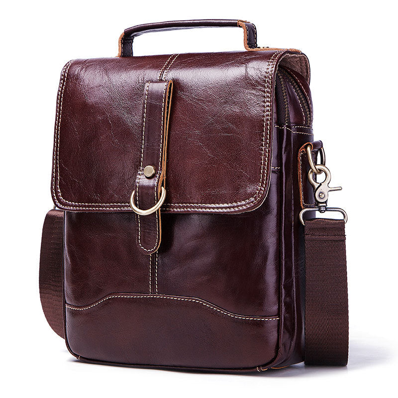 Men's Layer Cowhide Flip Double Zipper Vertical Bags
