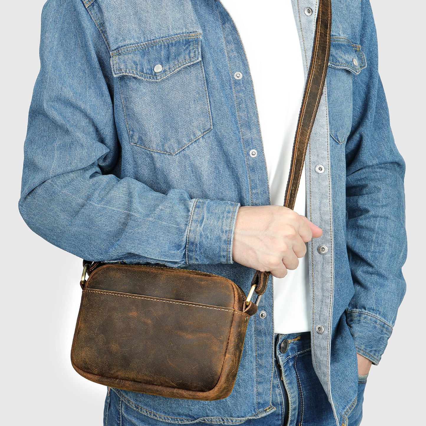 Men's Crazy Horse Leather Large Capacity Clutch Men's Shoulder Bags