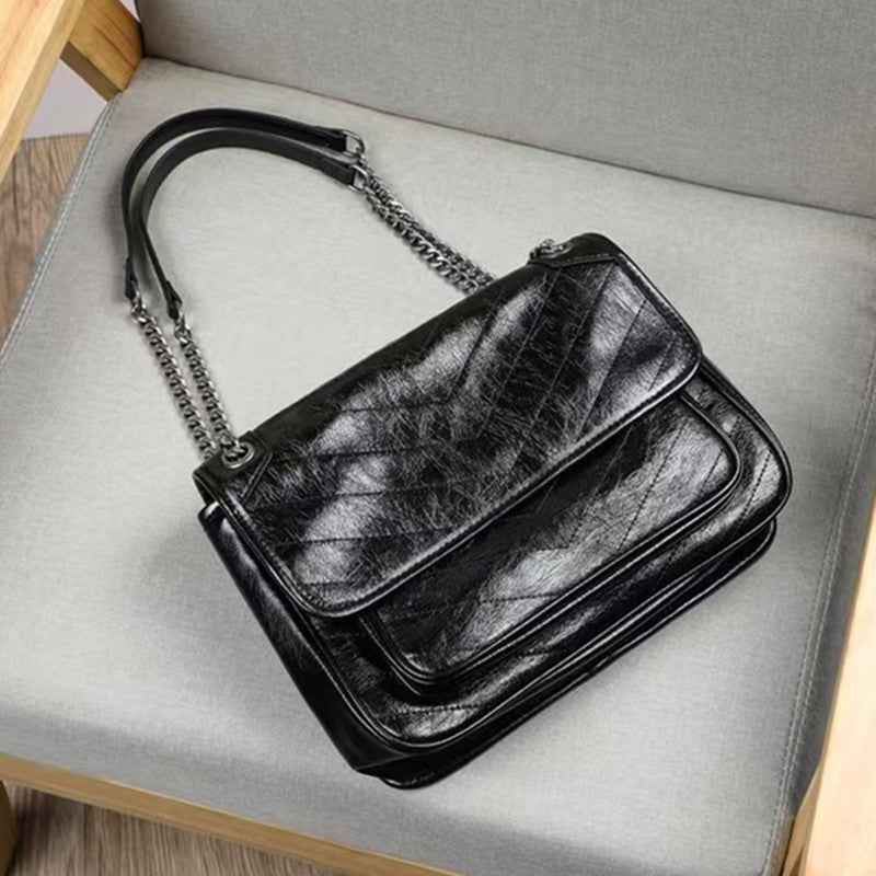 Women's Crack First Layer Cowhide Vintage Chain Shoulder Bags