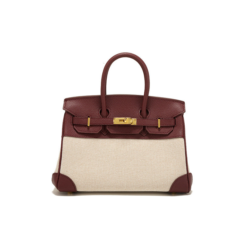 Women's Spring Design Leather With Canvas Contrast Shoulder Bags