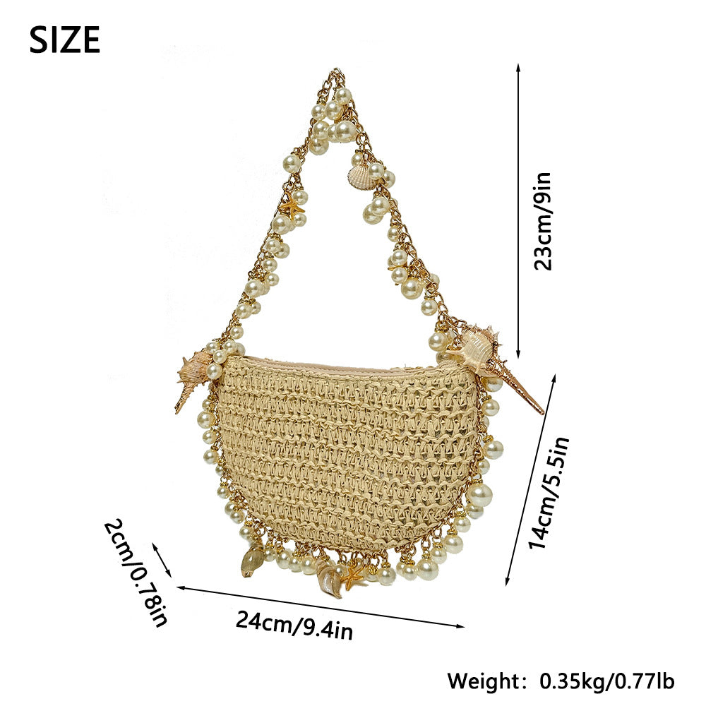 Women's Pearl Conch Straw Woven Seaside Holiday Handbags