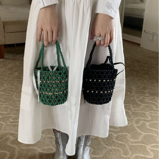 Women's Hand-woven With Wooden Beads Decoration Versatile Vacation Style Bucket Bags