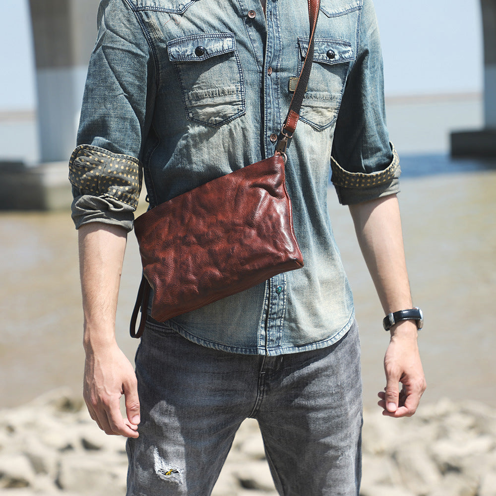 Vintage Leather Pleated First Layer Cowhide Men's Shoulder Bags