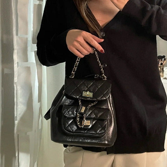 Oil Wax Cowhide Classic Style Rhombus Backpacks