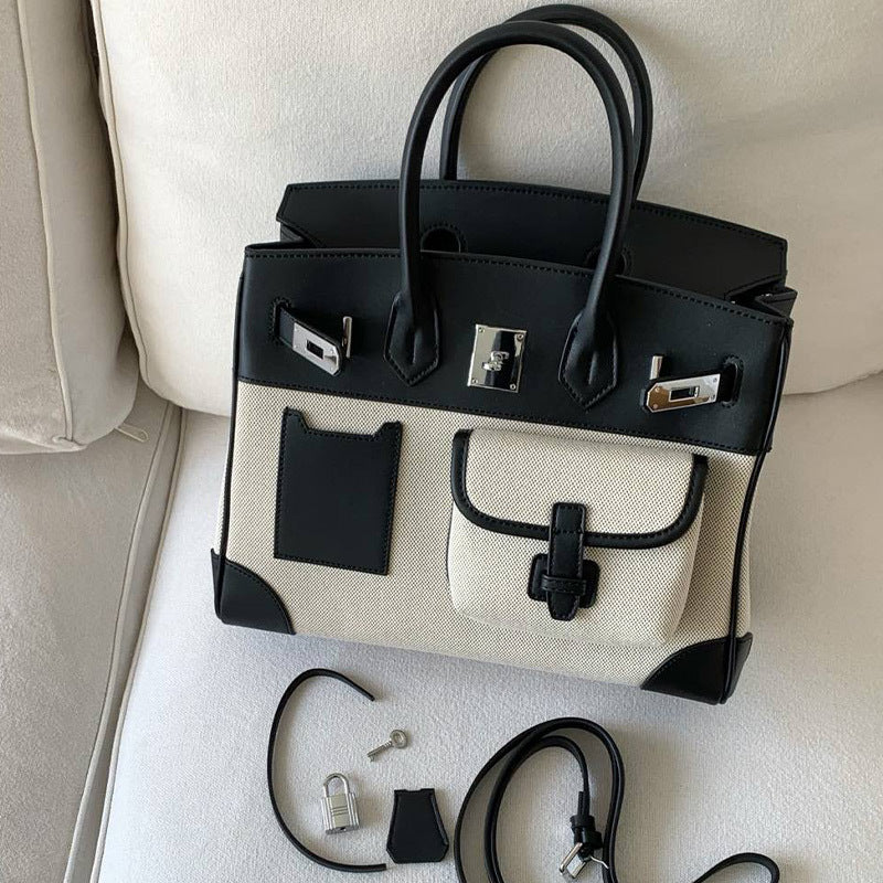 Color Platinum Canvas Stitching Leather Large Bags