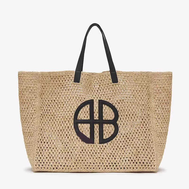 Sign Straw Woven Beach Black Strap Bags