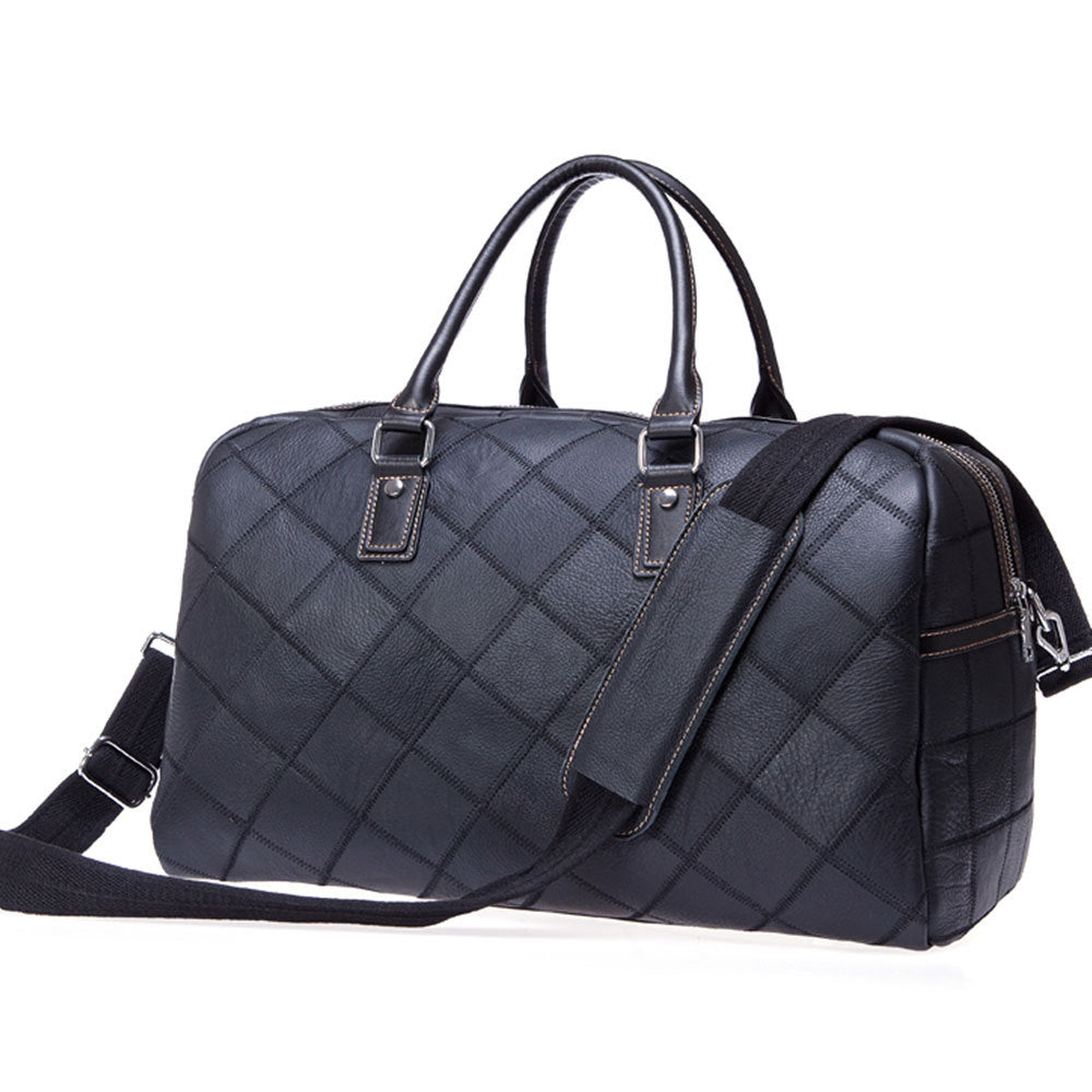 Men's Leather First Layer Cowhide Plaid Retro Travel Bags