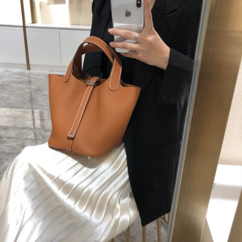 Women's Color Matching Vegetable Basket Genuine Leather Litchi Pattern Handbags