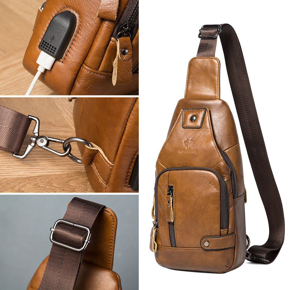 Men's First Layer Cowhide Soft Leather Genuine Flat Men's Chest Bags