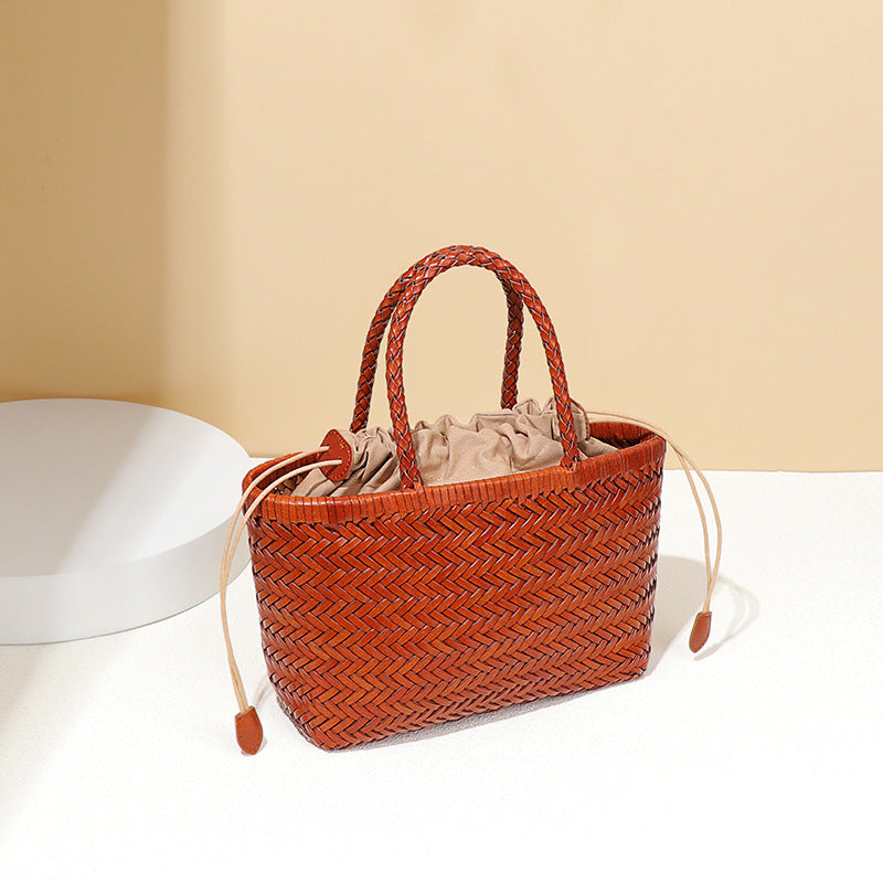 Women's French Food Basket Woven First Layer Cowhide Tote Bags