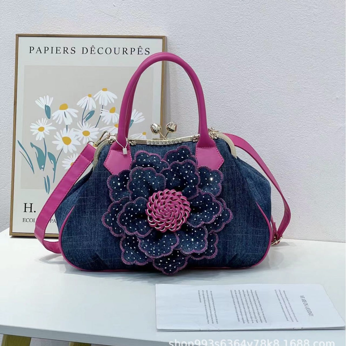 Women's New Fashionable High-grade Flower Denim Handbags