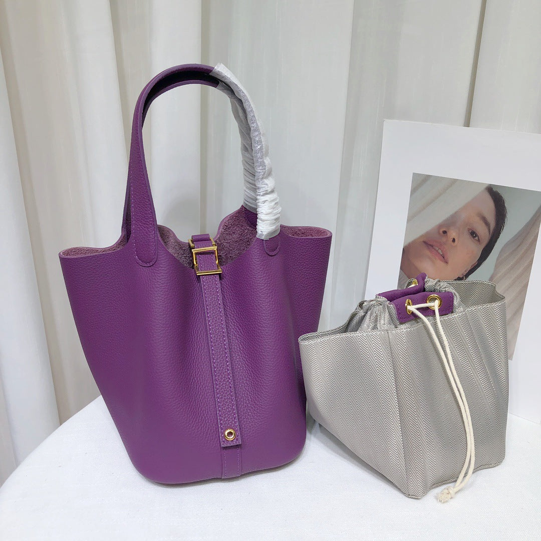 Women's Layer Cowhide Vegetable Basket Genuine Leather Commuting Bucket Bags