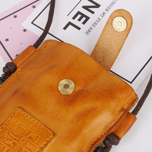 Women's Pleated Retro Leather Vegetable Tanning Mini Phone Bags