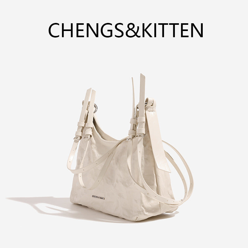 Women's Pleated Oil Wax Leather Underarm Genuine Bags