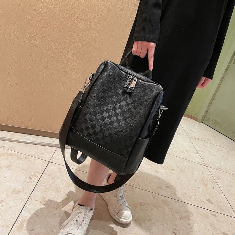 Women's Chessboard Plaid Soft Leather High-grade Fashion Backpacks