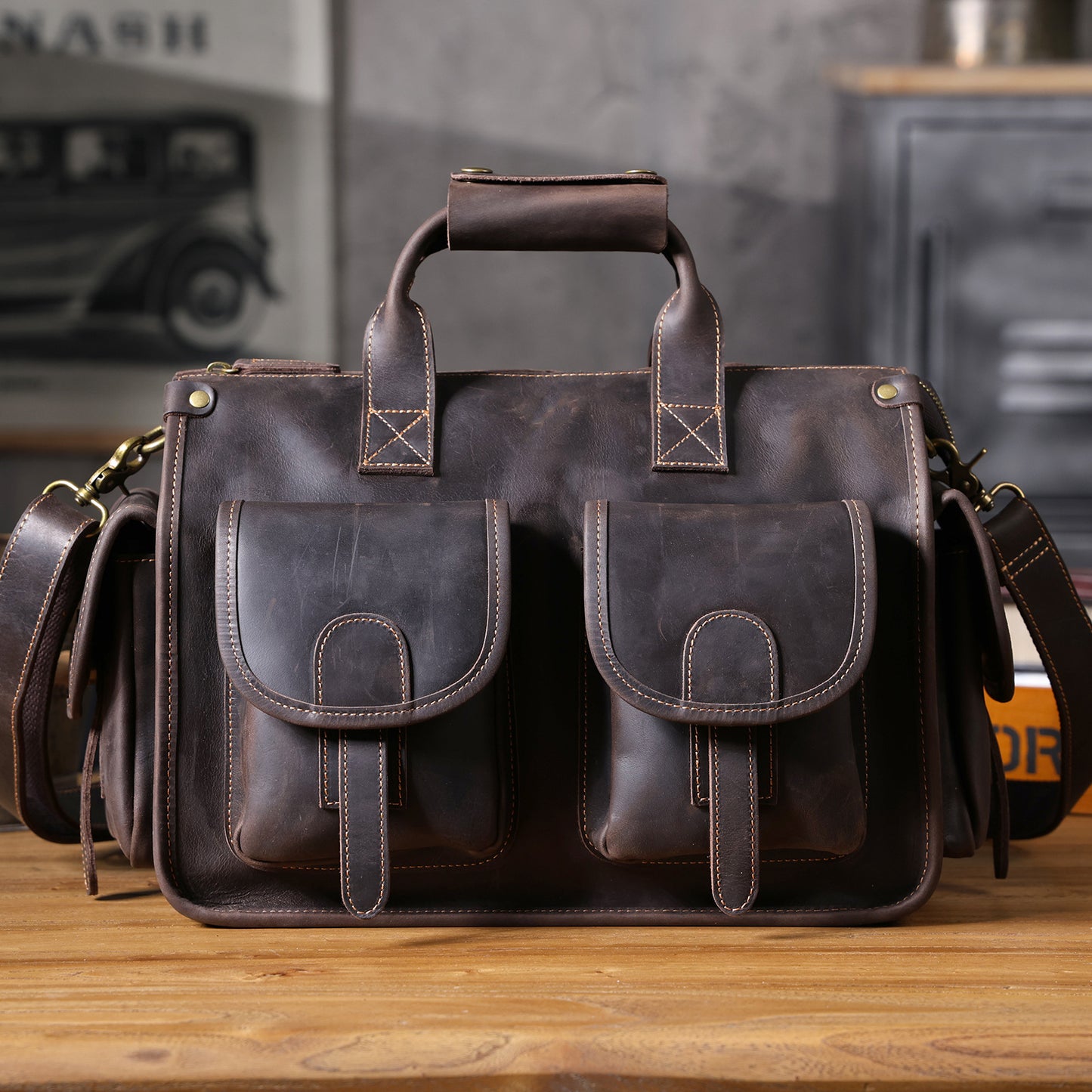 Men's Simple Retro First Layer Cowhide Crazy Men's Briefcases