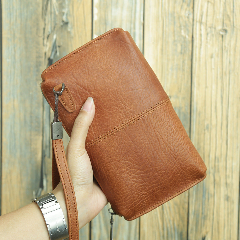 Men's Hipster Genuine Leather Clutch Soft Zip Long First Layer Men's Handbags
