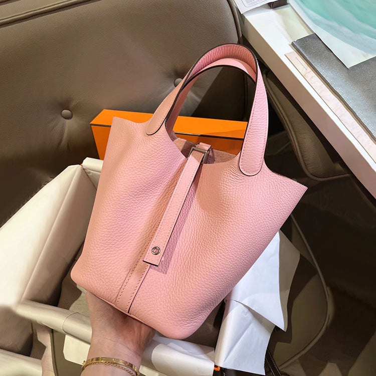 Women's Line Vegetable Basket Genuine Leather Litchi Pattern Handbags