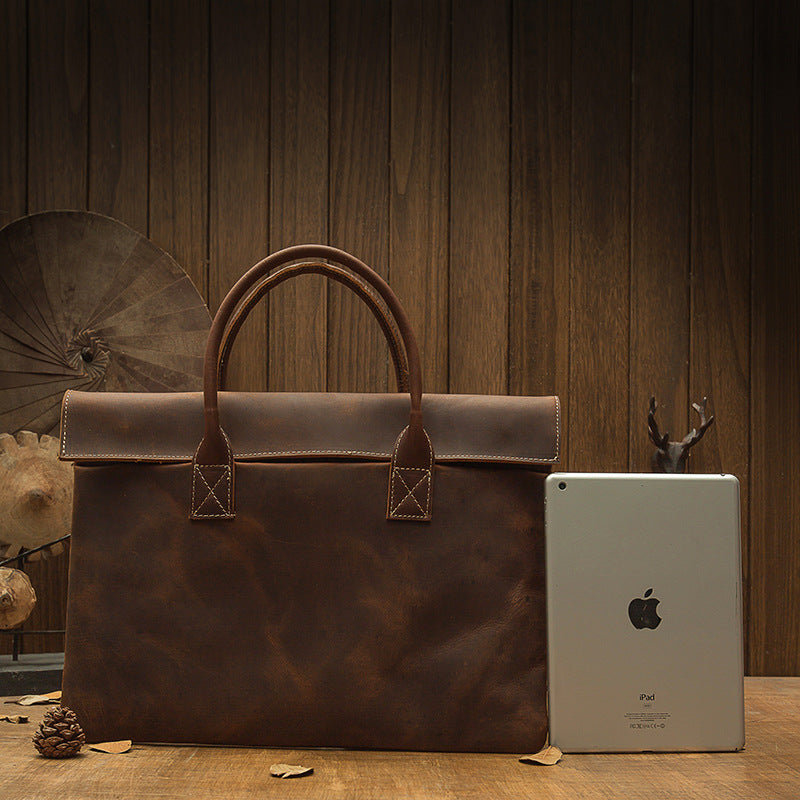 Men's Handmade Genuine Leather Hand-held Business Cow Handbags