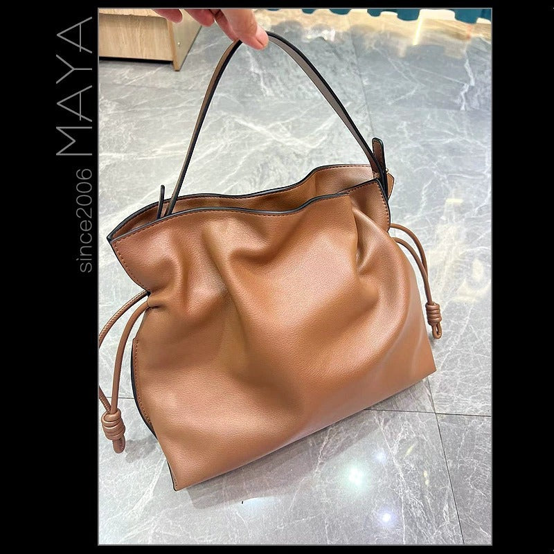 Women's High-grade Lucky Drawstring Mi Soft Leather Bucket Bags