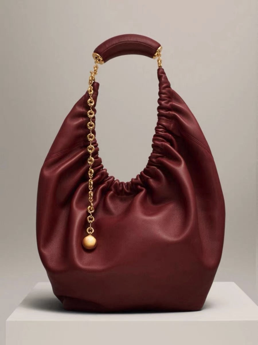 Pleated Soft Cowhide Underarm Chain Genuine Bucket Bags