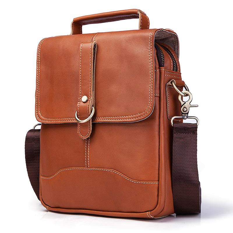 Men's Layer Cowhide Flip Double Zipper Vertical Bags