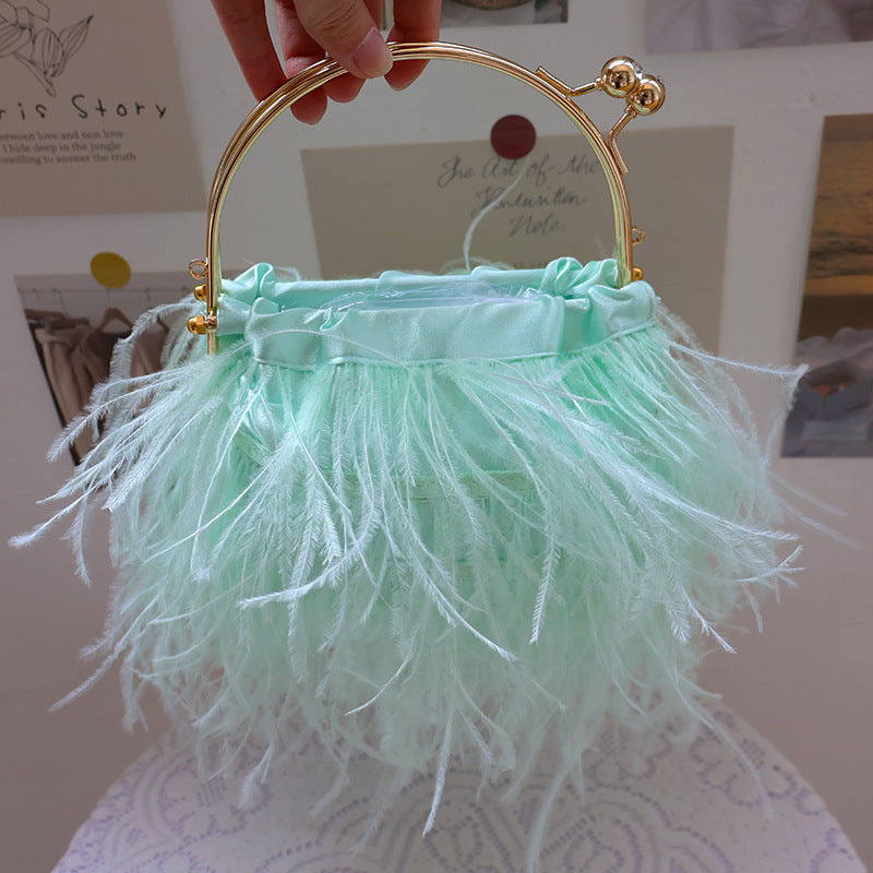 Women's Ostrich Feather Fairy Portable Pearl Chain Bags