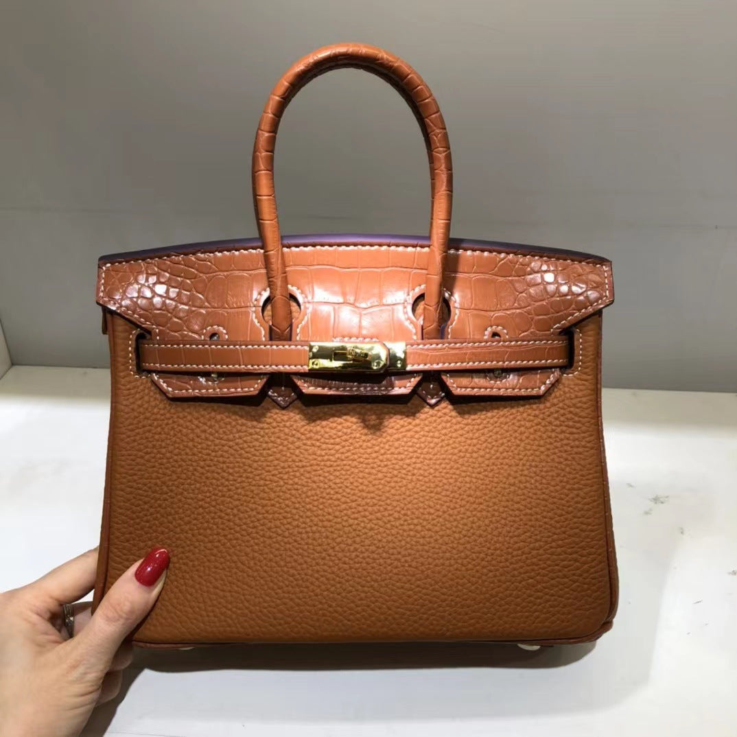Pattern Color Matching Calfskin Litchi Genuine Handbags
