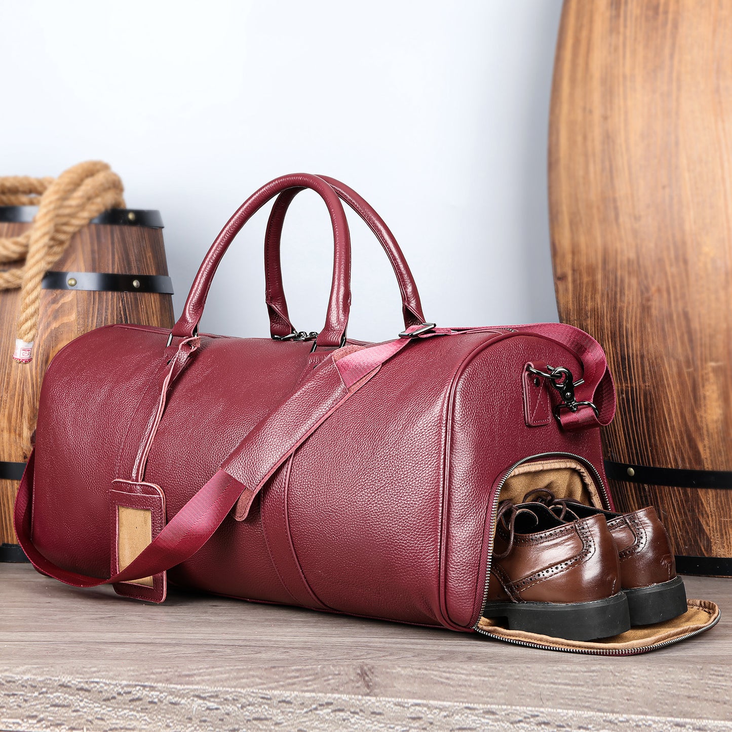 Men's Traveling Black With Shoe Position Cowhide Travel Bags
