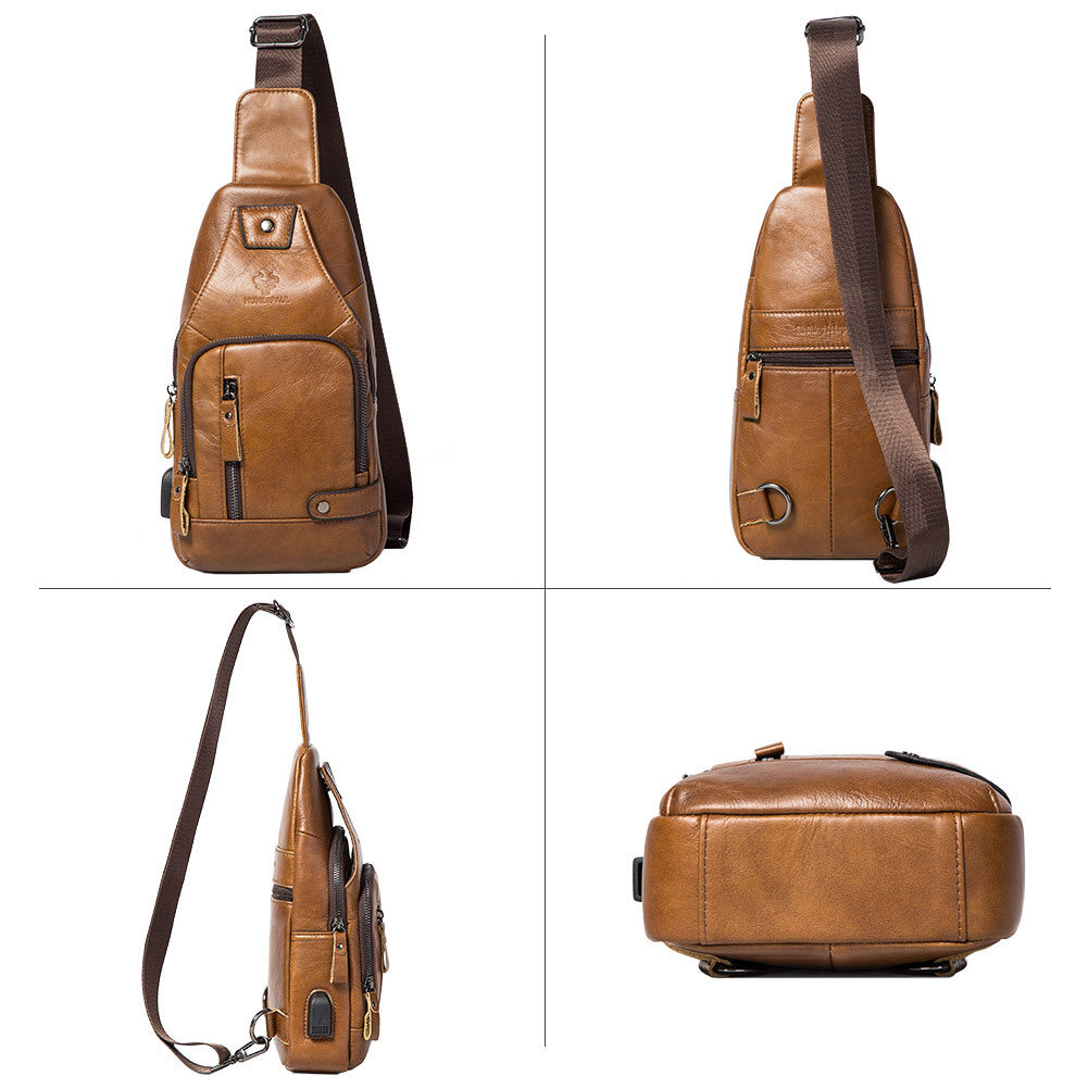 Men's First Layer Cowhide Soft Leather Genuine Flat Men's Chest Bags