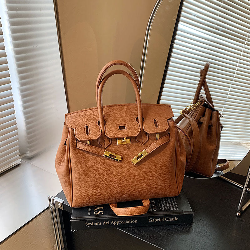 Women's Capacity Lychee Pattern Portable Kelly Fashion Lock