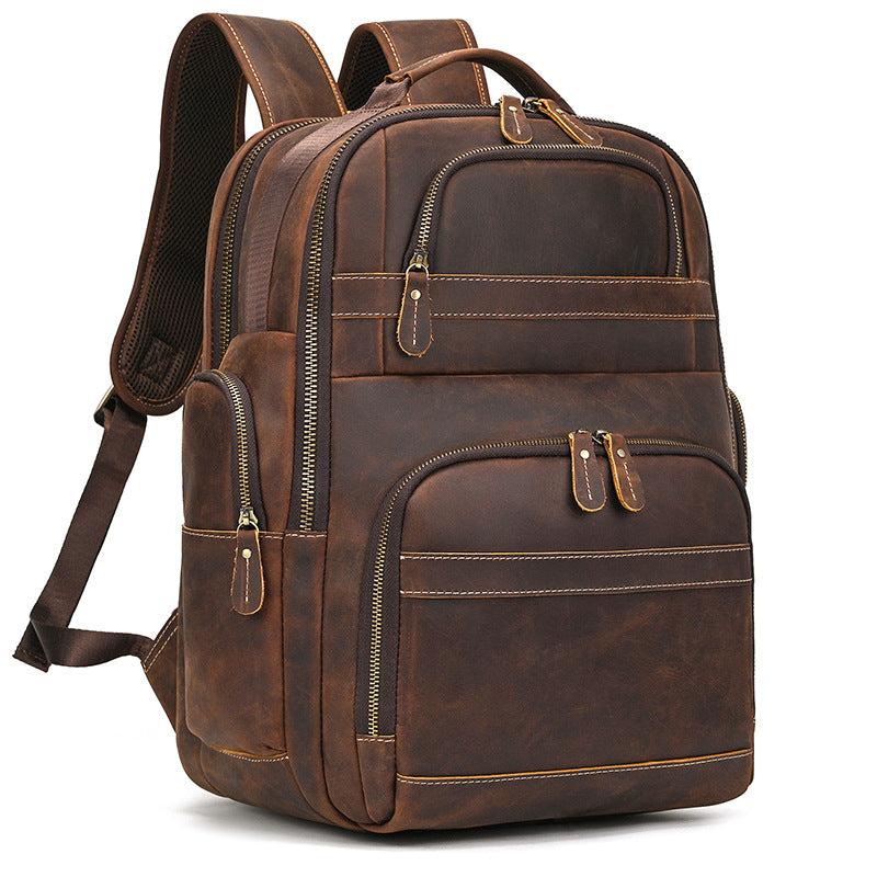 Men's Capacity Leather Black Cowhide Shiralee Leisure Backpacks